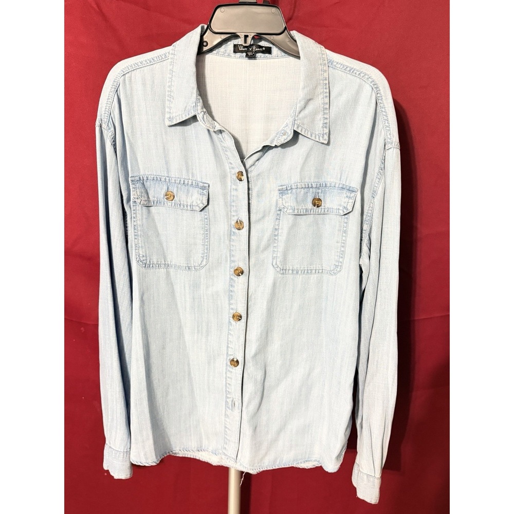 Velvet Heart Blue Tencel Denim Button Up Shirt SZ Lg Button Sleeves (A3229)